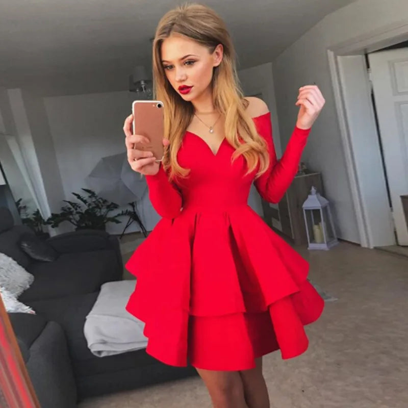 Autumn New Solid Color Long Sleeve Sexy Clubwear V-Neck Off The Shoulder Evening Party Dress
