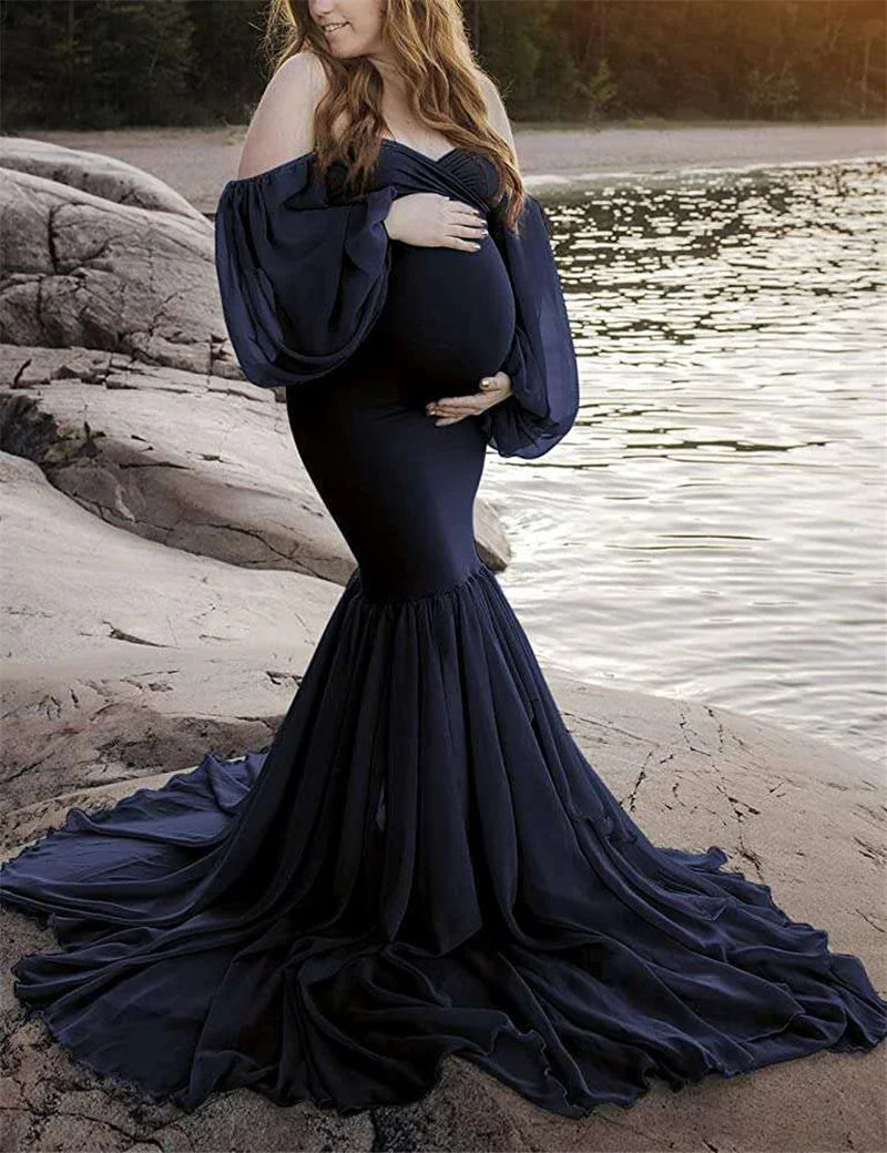 Mermaid Sexy Ruffles Shoulderless Maternity Maxi Gown For Photo Shoot