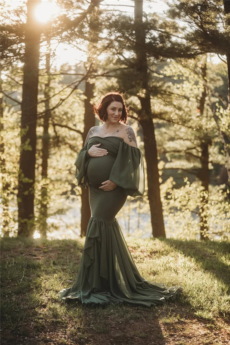 Mermaid Sexy Ruffles Shoulderless Maternity Maxi Gown For Photo Shoot