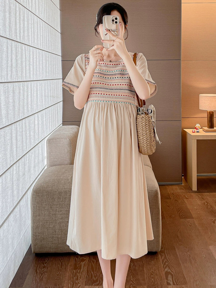 Thin National Style Maternity Dress: Mid Length To Long Loose Plus Size 2024 Summer New Arrival