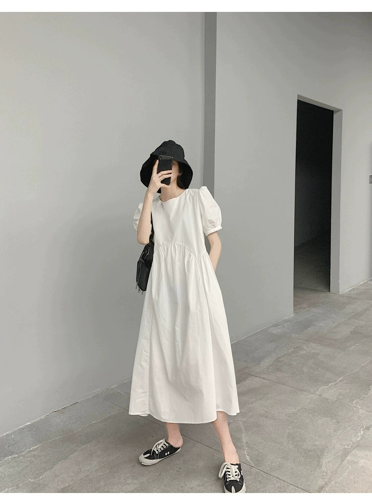 Leisure Forest Hepburn Style Maternity Dress With Fancy Puff Sleeves In White: Plus Sizes