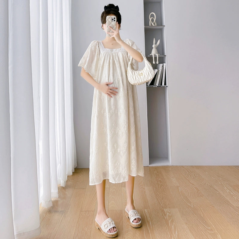 French Retro Crochet Embroidery Summer Maternity Dress Dress: Overknee Loose & Trendy