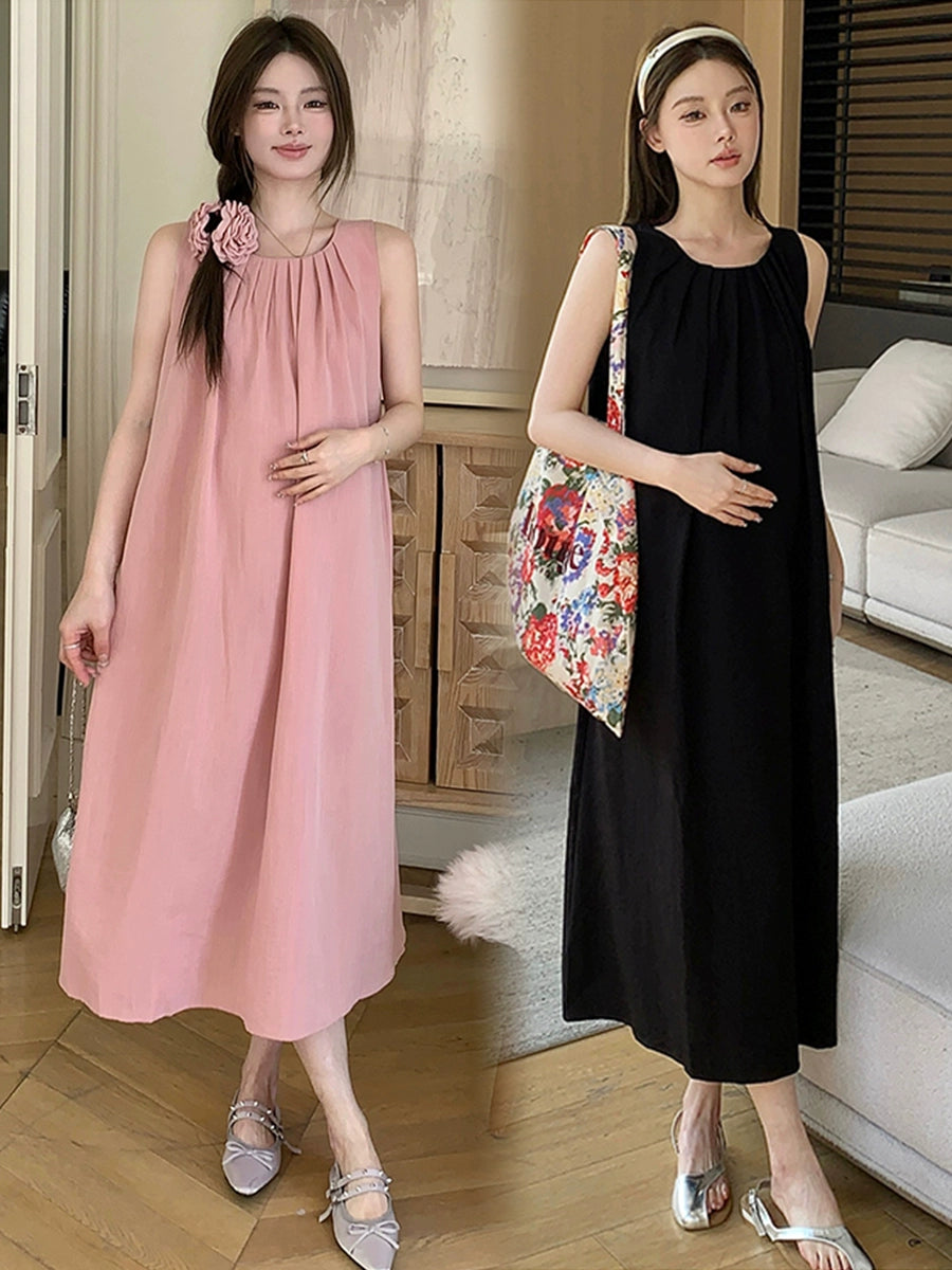 Pleated Neckline Western Style Fashion Sleeveless Vest Dress: Maternity Summer Dress 2024 New Arrival