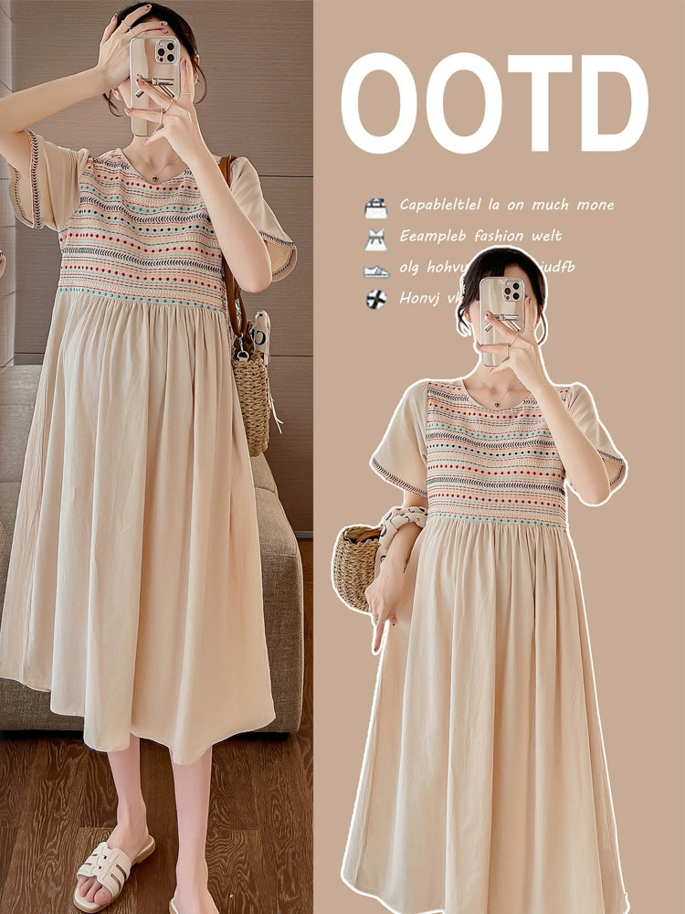 Thin National Style Maternity Dress: Mid Length To Long Loose Plus Size 2024 Summer New Arrival