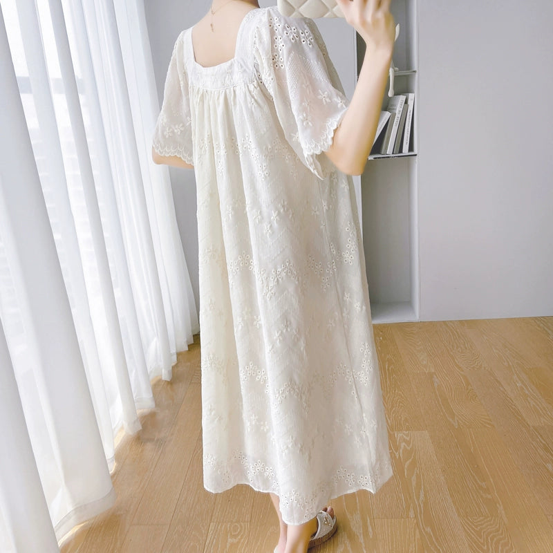 French Retro Crochet Embroidery Summer Maternity Dress Dress: Overknee Loose & Trendy