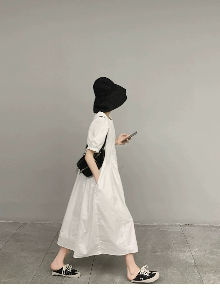 Leisure Forest Hepburn Style Maternity Dress With Fancy Puff Sleeves In White: Plus Sizes