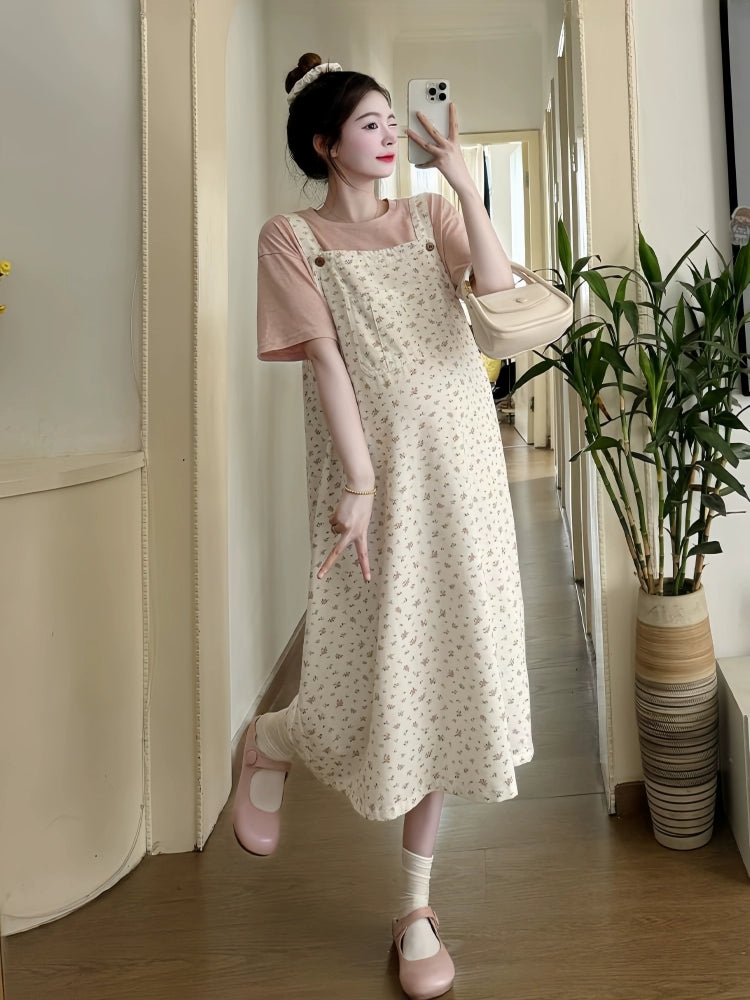 Western Style Women's Sweet Floral Maternity One Or Two-Piece Loose Suit: Suspender Dress in Plus Sizes