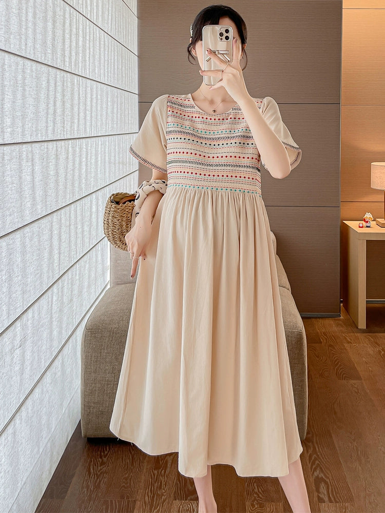Thin National Style Maternity Dress: Mid Length To Long Loose Plus Size 2024 Summer New Arrival