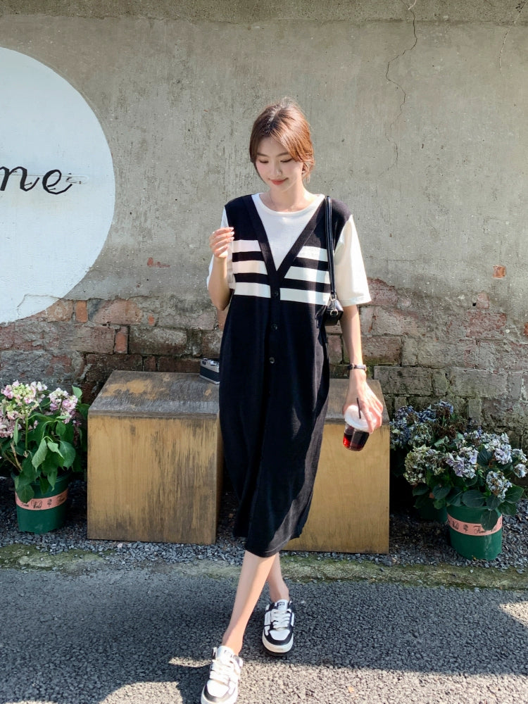 Women's Summer False Two-Piece Patchwork Striped Dress 2024 New Arrival: Youthful-Looking Loose Belly-Covering Late Pregnancy