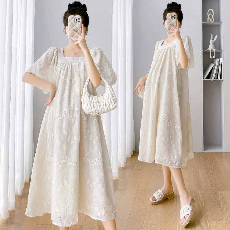 French Retro Crochet Embroidery Summer Maternity Dress Dress: Overknee Loose & Trendy