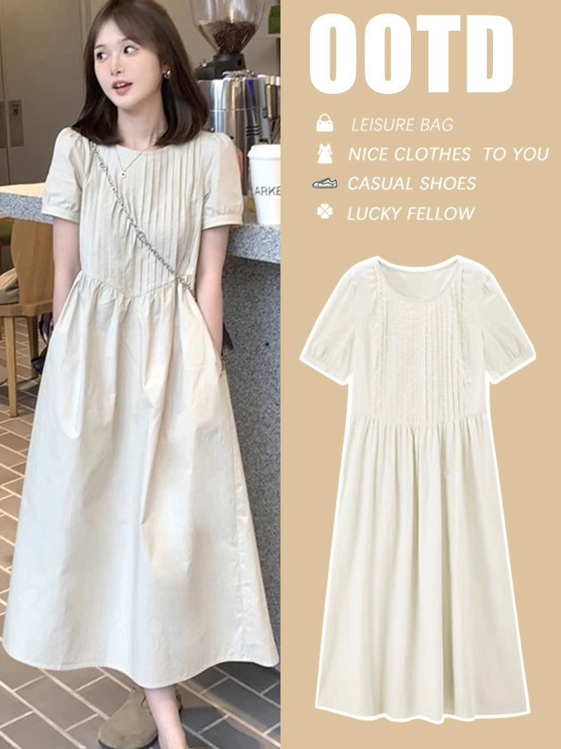 Pleated Front Short Sleeve Round Neck Long Maternity Dress: 2024 New Arrival