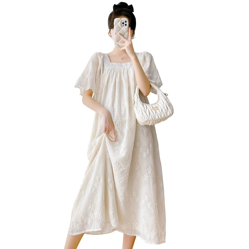 French Retro Crochet Embroidery Summer Maternity Dress Dress: Overknee Loose & Trendy