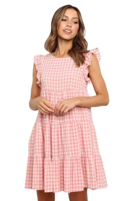 Plaid Ruffle Summer Maternity Dress With Butterfly Sleeve