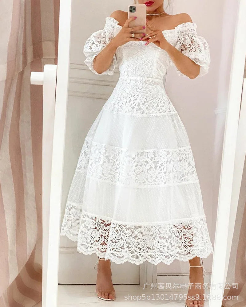 New Elegant V-Neck Lace Panel Large Swing Dress
