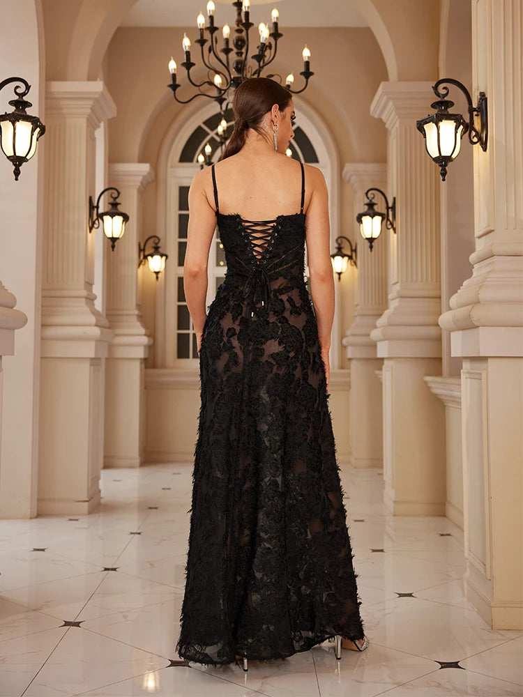 Gorgeous Black Spaghetti Strap Christmas Dress: Maxi Sexy See Through Elegant and Beautiful Appliques Formal Dress