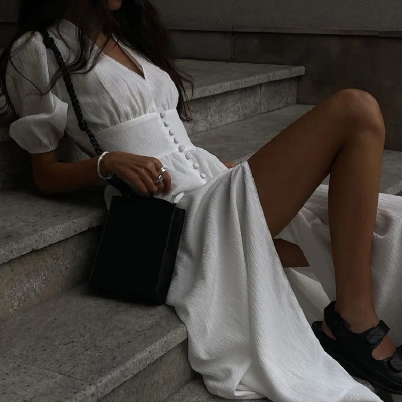 French Puff Sleeve Button Chic Long Dress: Summer 2024 New Party Strapless High Split