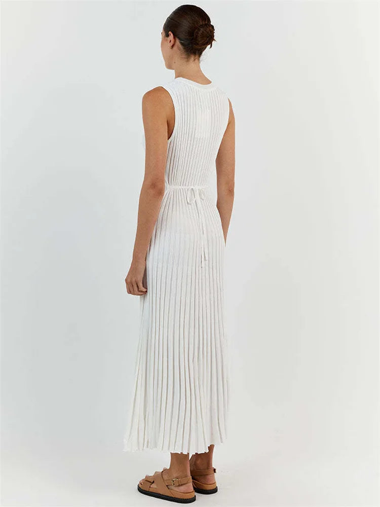 Conservative Knitwear White Casual Long Dress For Women: Sleeveless High Waisted Slim Loose Solid Basic Ladies Maxi