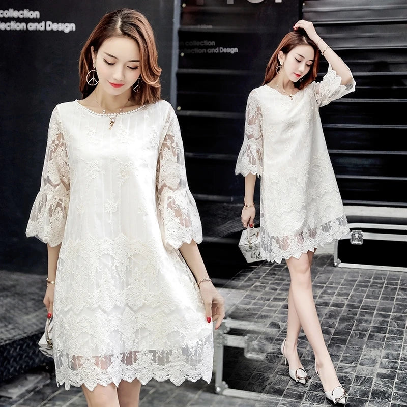Ladies Lace Embroidery Base Dress: White Hollow Mesh Round Neck 3/4 Flared Sleeve Loose Mini Dress