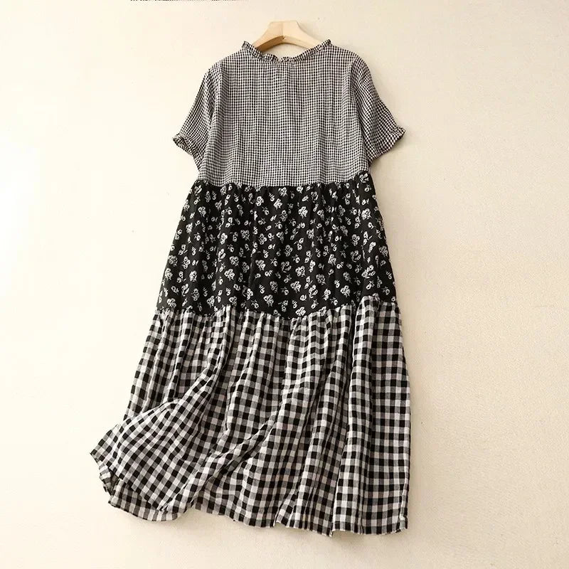 Summer New Arts Style Short Sleeve Loose Patchwork Plaid Vintage Cotton Linen Dresses