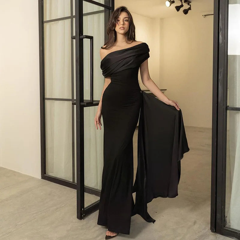 Elegant Party Evening Dress Slash Neck Maxi Dress Short Sleeve