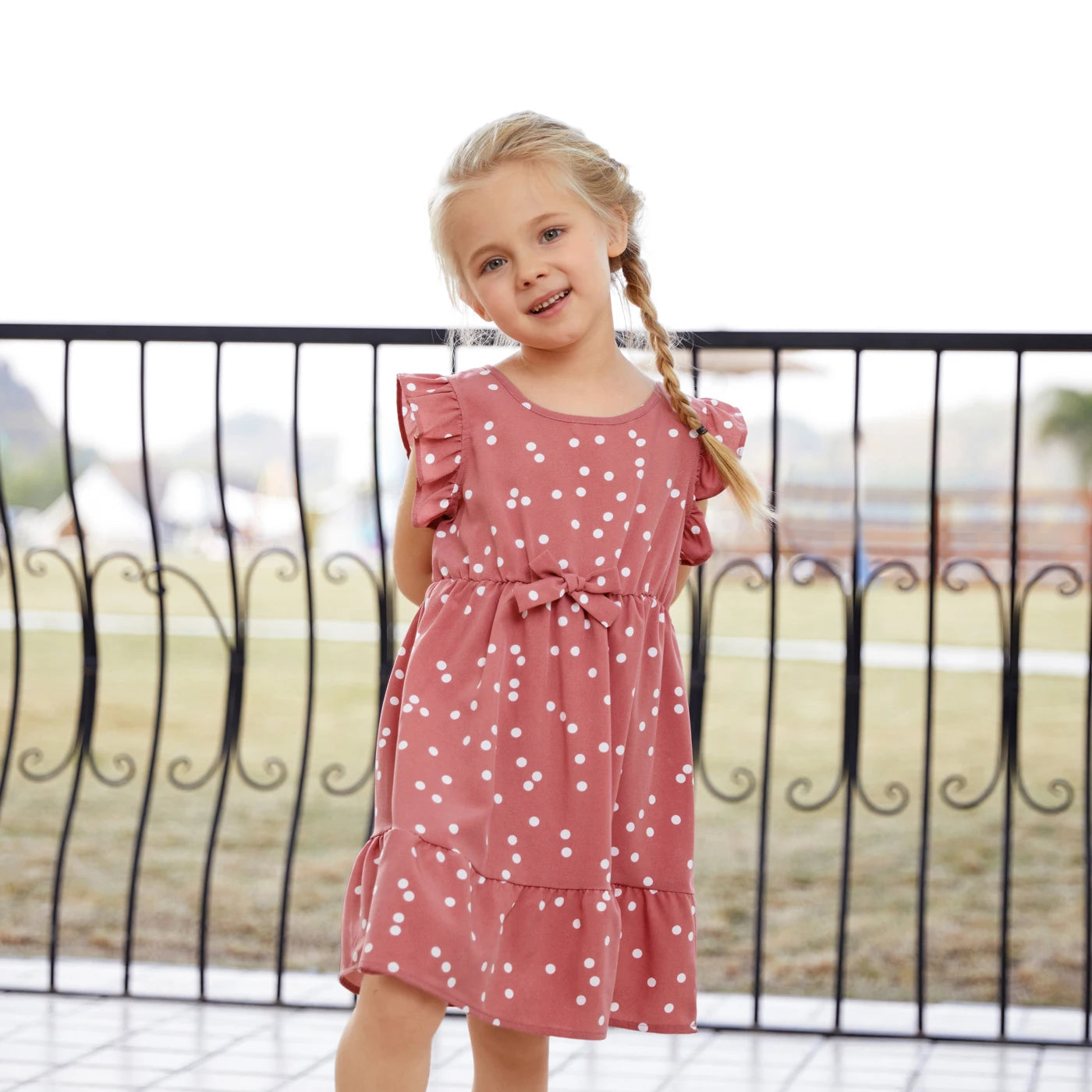 Pink Dots Cross Wrap V Neck Ruffle Flutter-sleeve Matching Outfits For Mother & Daughter