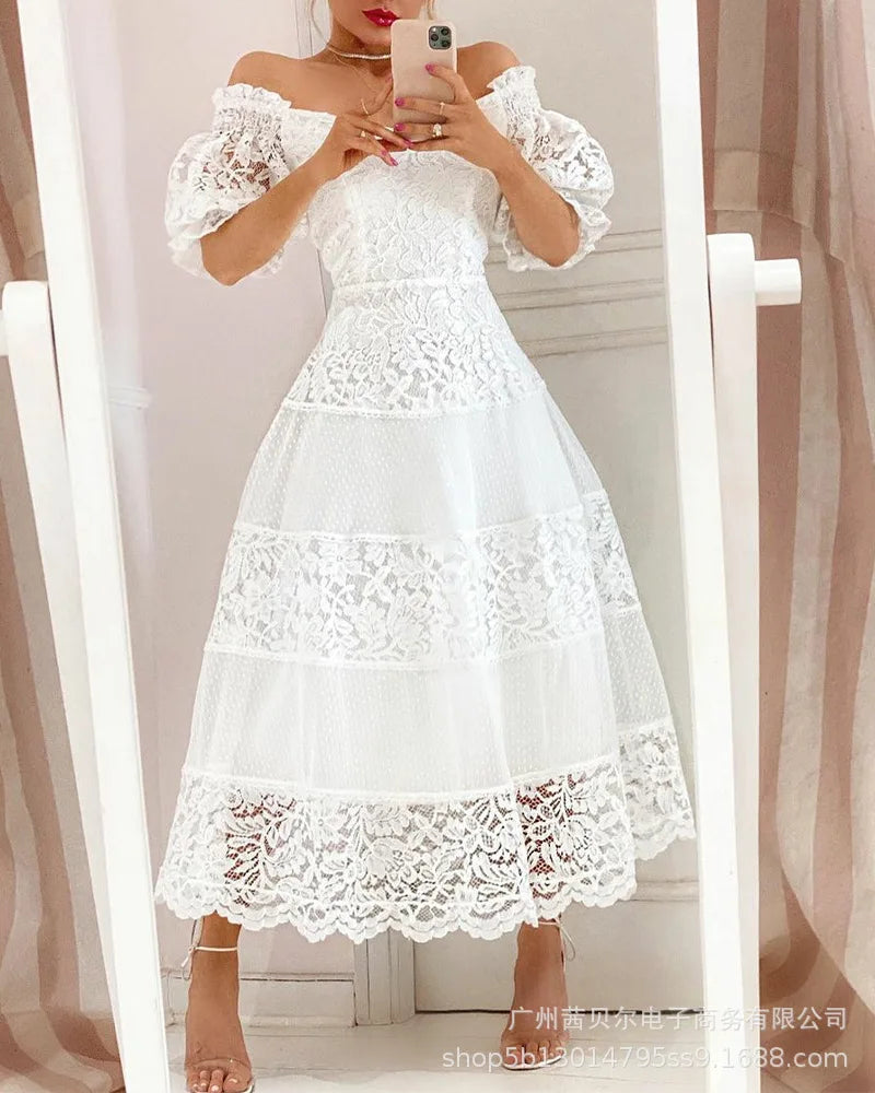 New Elegant V-Neck Lace Panel Large Swing Dress