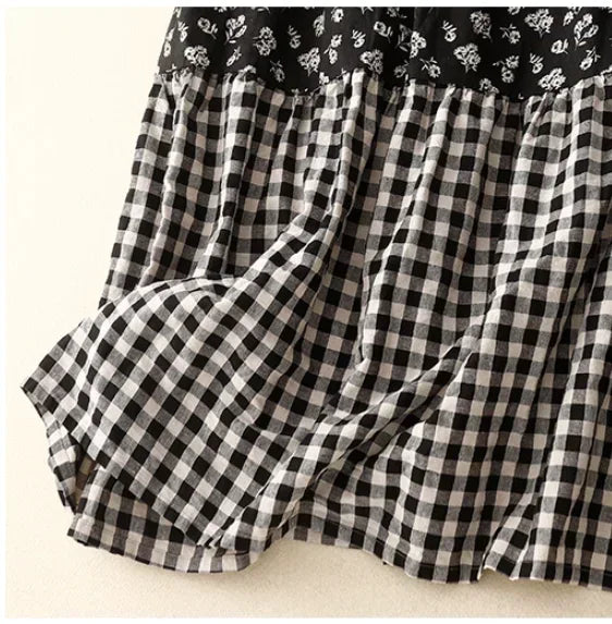Summer New Arts Style Short Sleeve Loose Patchwork Plaid Vintage Cotton Linen Dresses