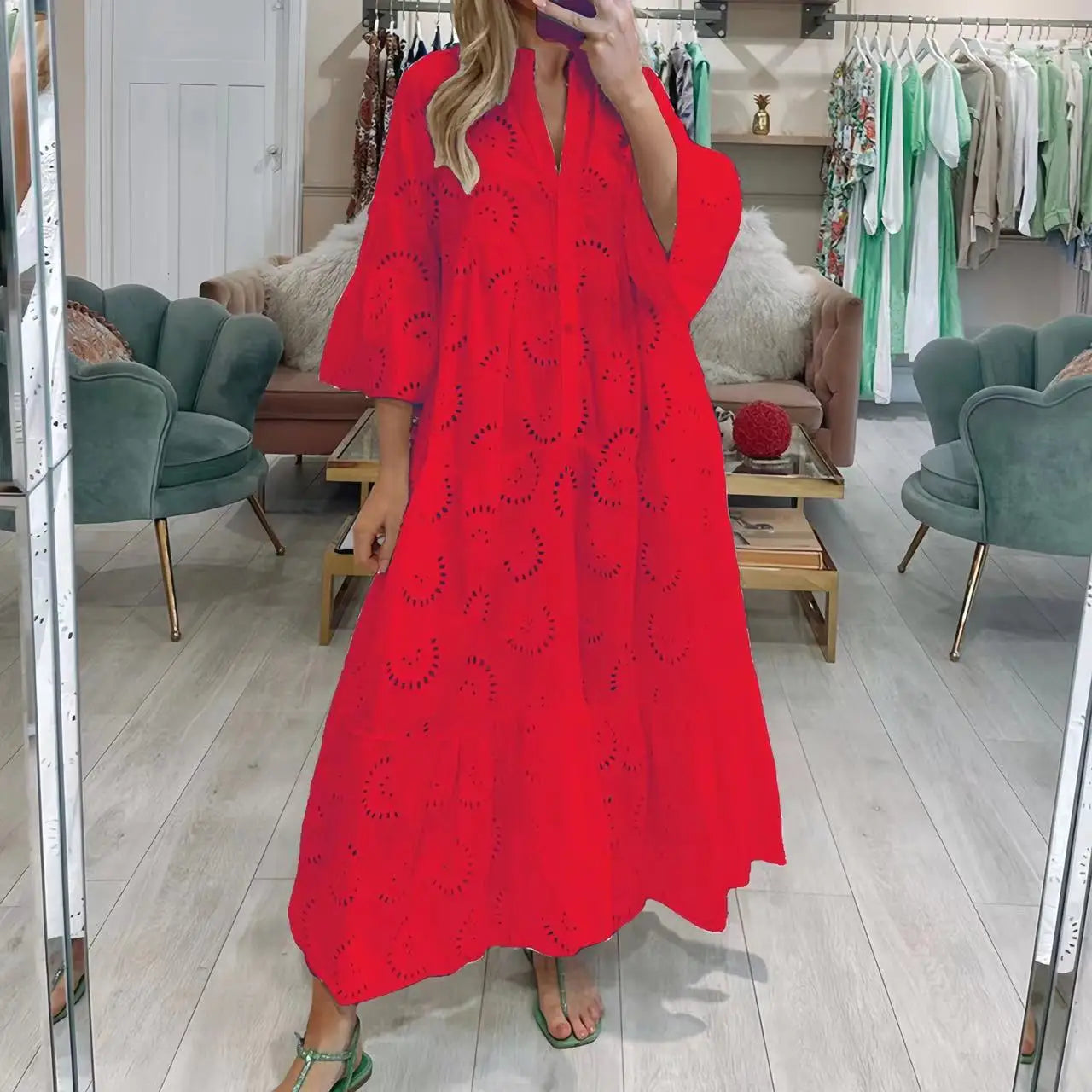 Spring Summer Hollow Lace Shirt Dress W/ Flared Sleeves