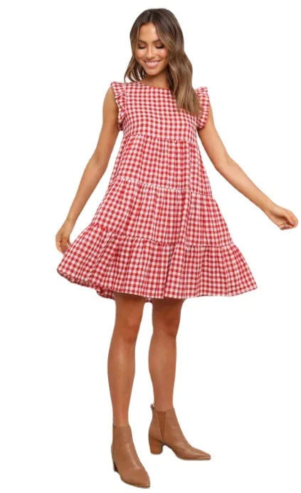 Plaid Ruffle Summer Maternity Dress With Butterfly Sleeve