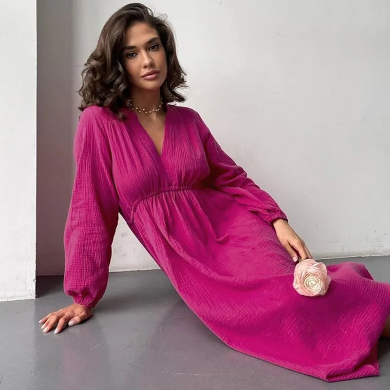 Elegant Muslin Long Sleeve 100% Cotton V-neck Casual Party Dress