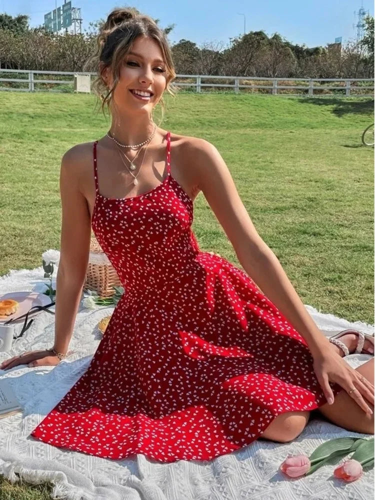 Boho Confetti Heart Print Crisscross-Tie Backless Cami Dress