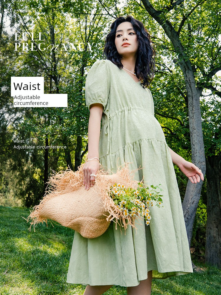 Pure Cotton French Spring/Summer Maternity Dress: Loose, Long, & Short Sleeve