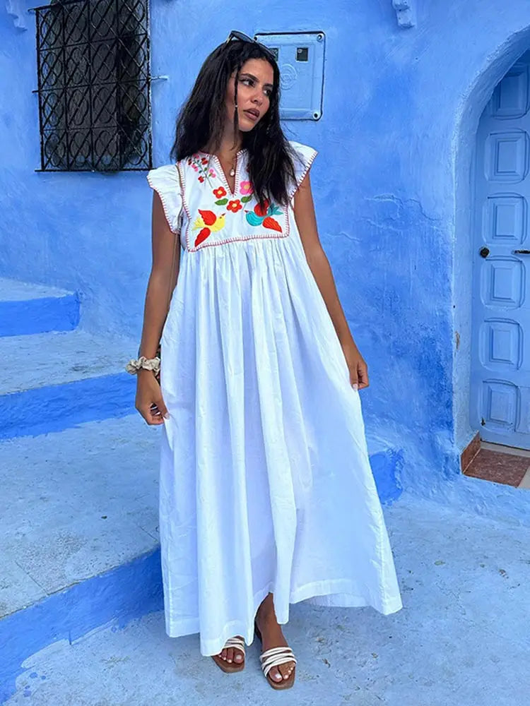 Ladies Holiday Maxi Patchwork Flying Sleeve Dress: 2024 Summer Fashion