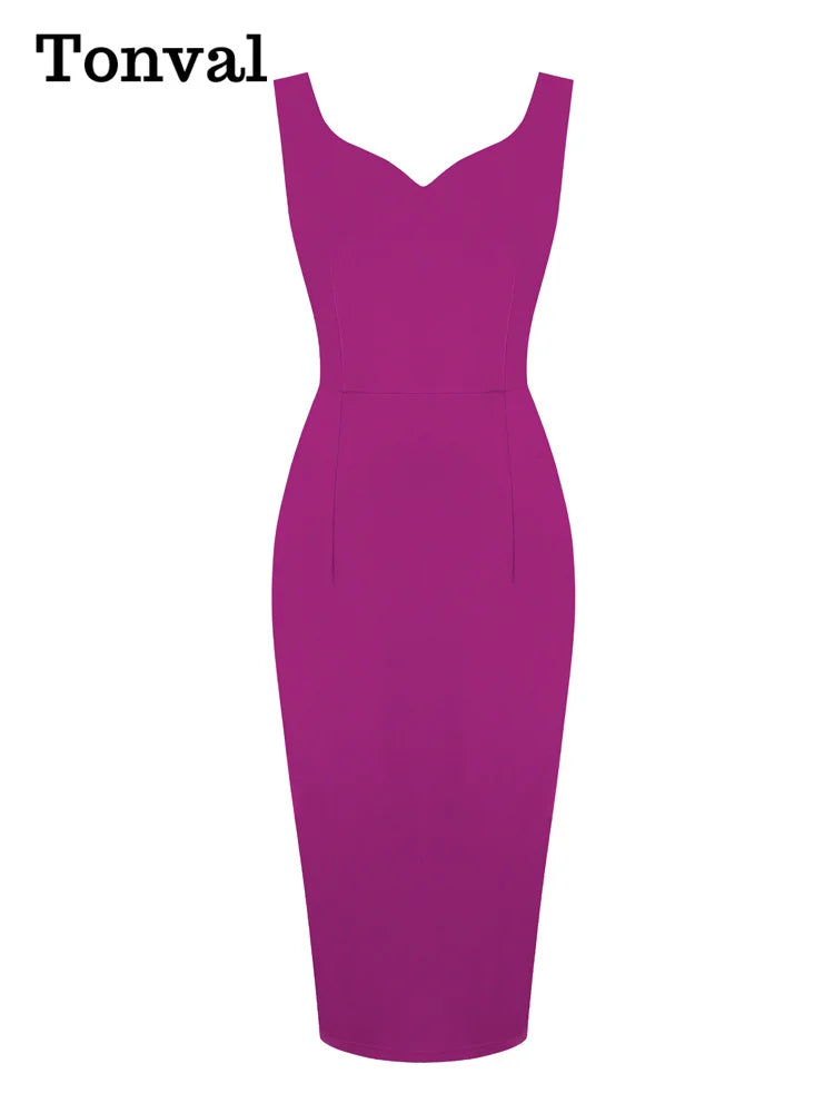 Sweetheart Neck Sleeveless Office Midi Pencil Dress: Vintage Red Solid Elegant Slim Bodycon