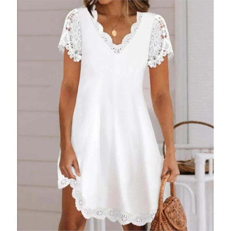 Summer Solid Color Lace Short Sleeved V-neck Women's Dress: Elegant White Loose Fitting A-line