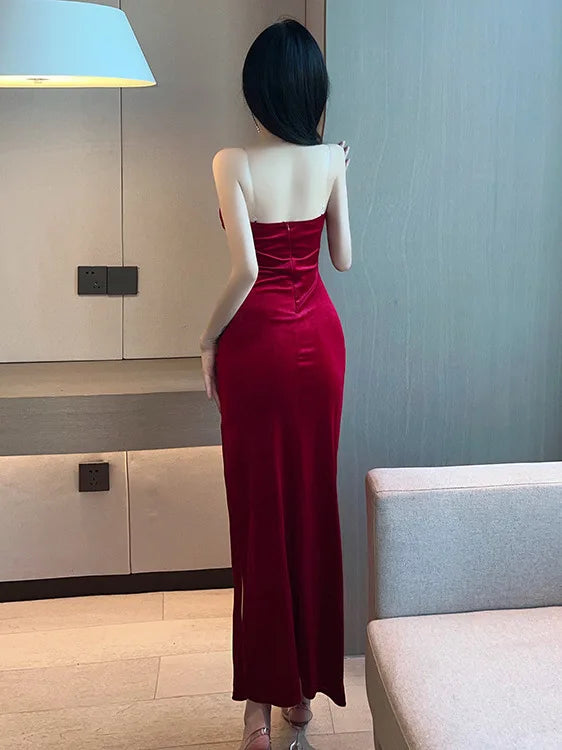 Women's Sexy Wrapped Chest Backless High Split Velvet Wrapped Hip