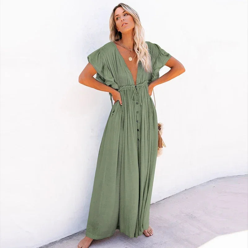 Bohemian Solid Ruffled Sexy Summer Beach Maternity Dress For Photography: V-neck Props Breastfeeding