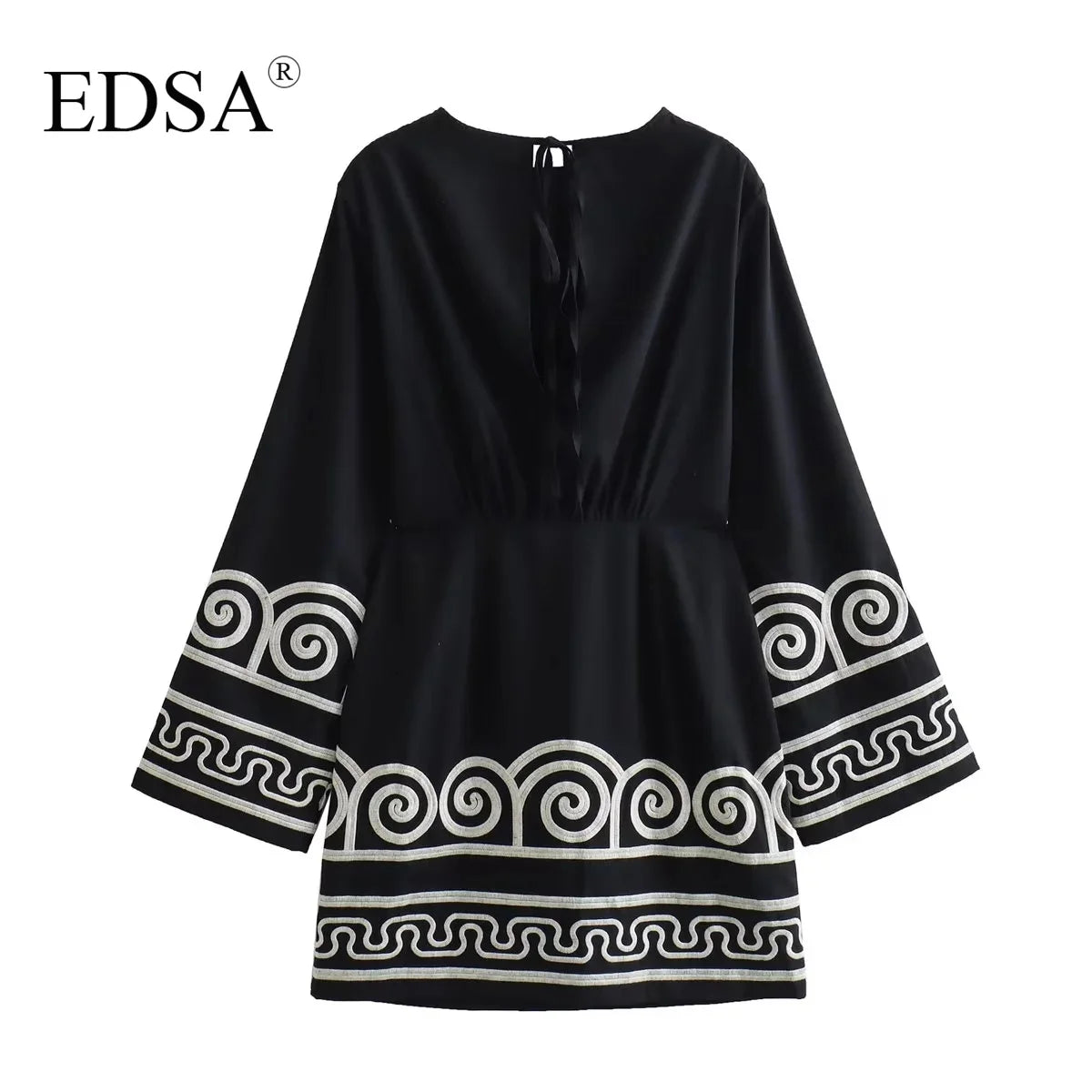 Beach Style Black Embroidery Long Sleeve Mini Dress With High Waist