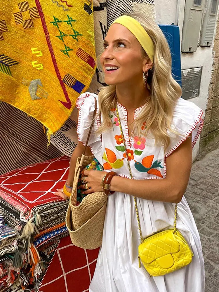 Ladies Holiday Maxi Patchwork Flying Sleeve Dress: 2024 Summer Fashion