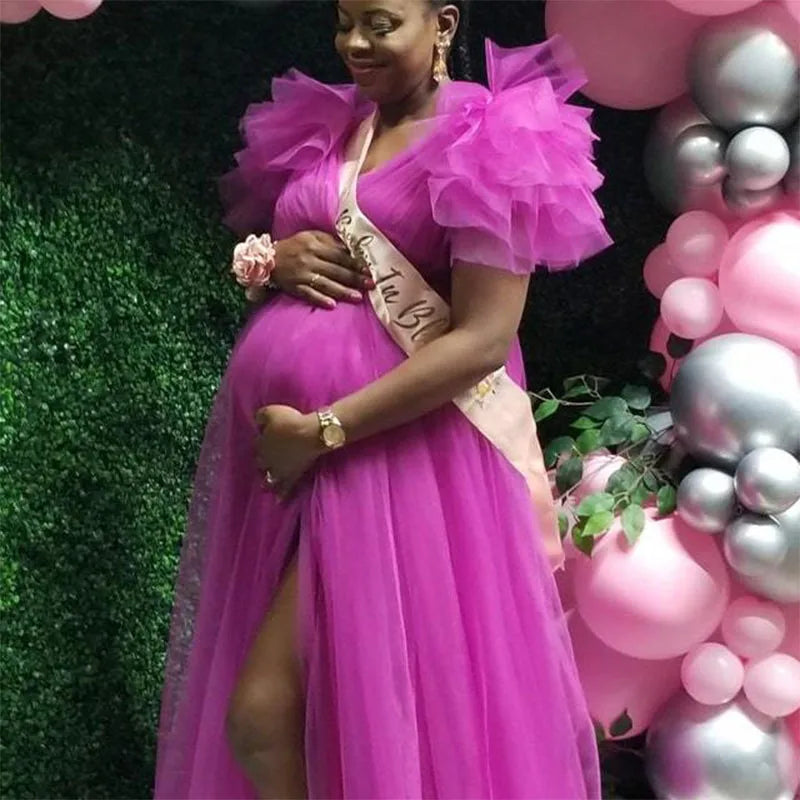 Bohenian Tulle & Lace Maternity V Neck Split Skirt Dress: Great For Photo Shoot