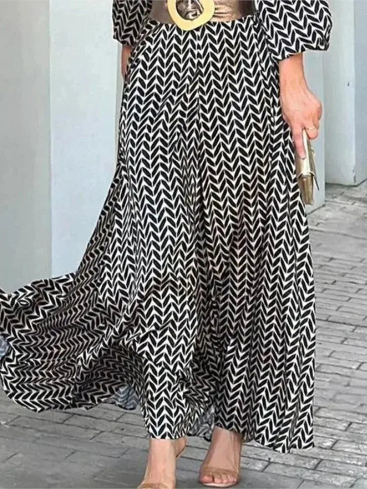 Autumn New Dress Black And White Printed Vintage Elegant V Neck