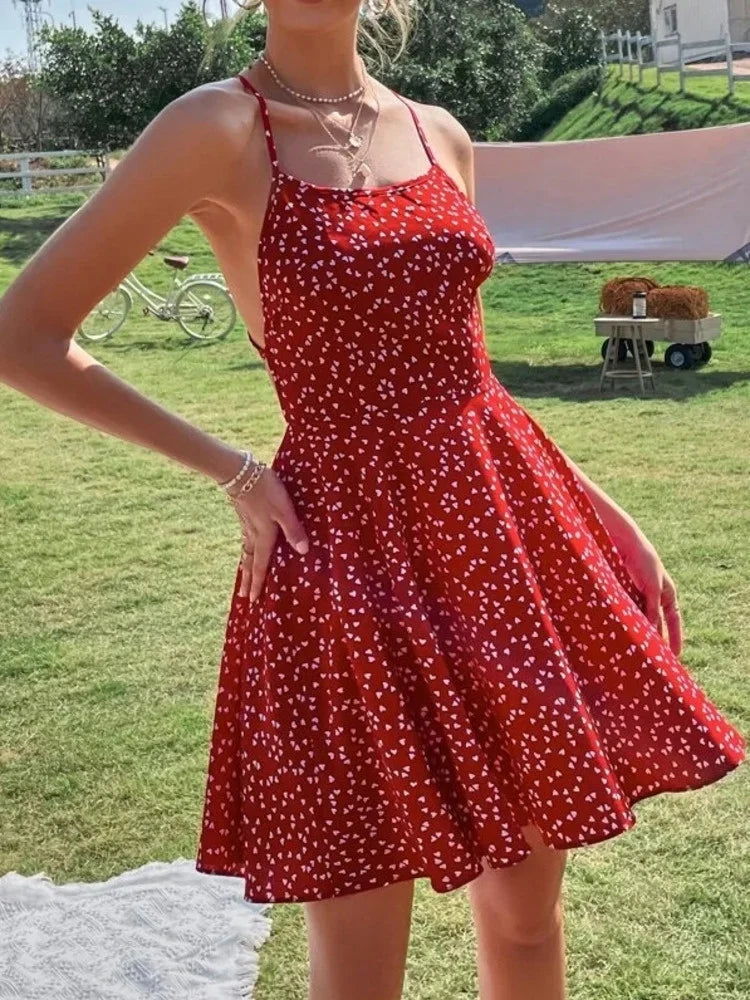 Boho Confetti Heart Print Crisscross-Tie Backless Cami Dress