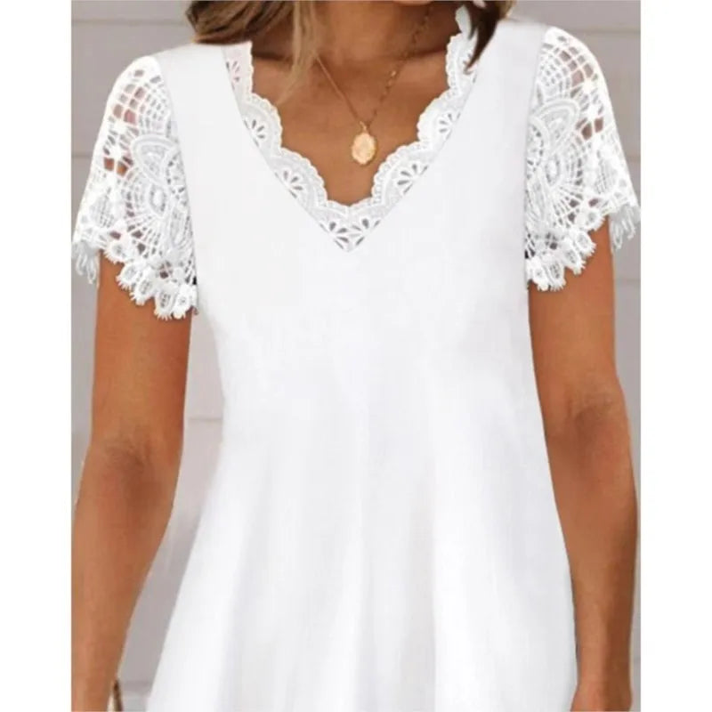 Summer Solid Color Lace Short Sleeved V-neck Women's Dress: Elegant White Loose Fitting A-line