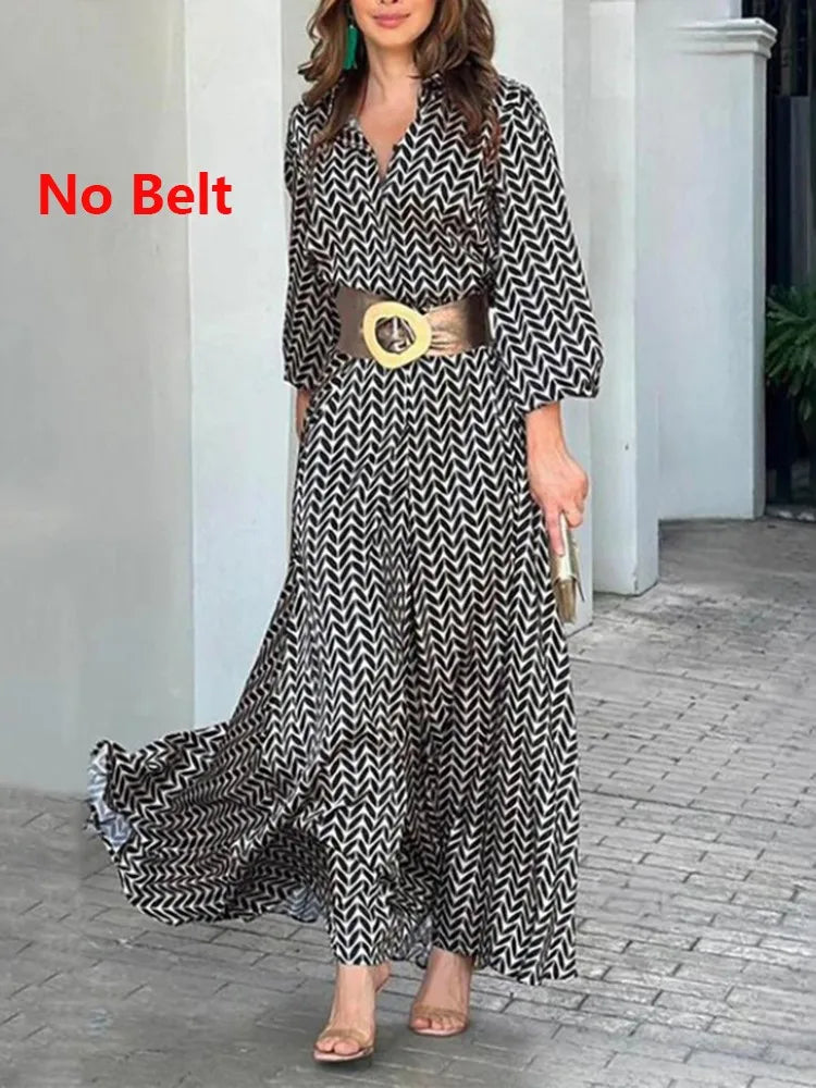 Autumn New Dress Black And White Printed Vintage Elegant V Neck