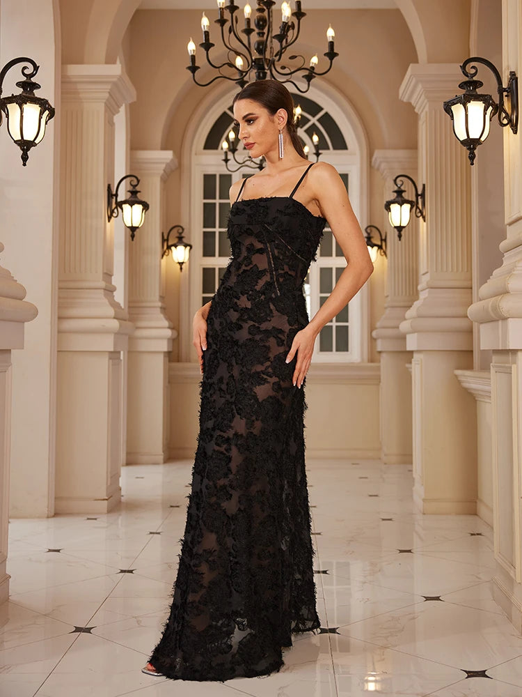 Gorgeous Black Spaghetti Strap Christmas Dress: Maxi Sexy See Through Elegant and Beautiful Appliques Formal Dress