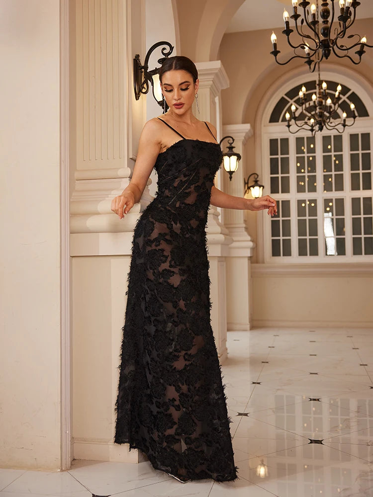 Gorgeous Black Spaghetti Strap Christmas Dress: Maxi Sexy See Through Elegant and Beautiful Appliques Formal Dress