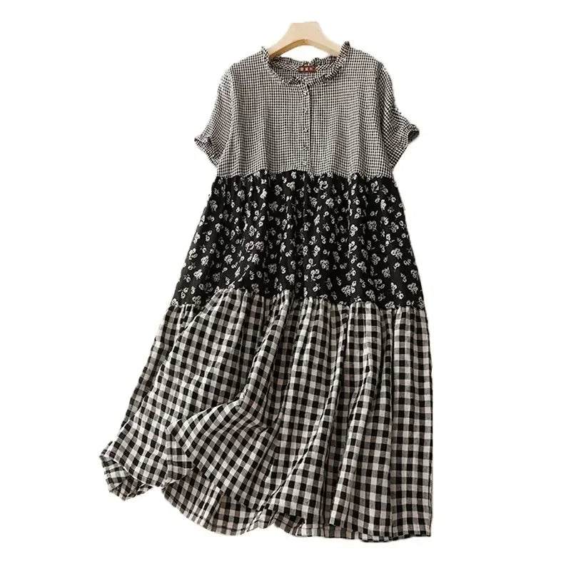 Summer New Arts Style Short Sleeve Loose Patchwork Plaid Vintage Cotton Linen Dresses