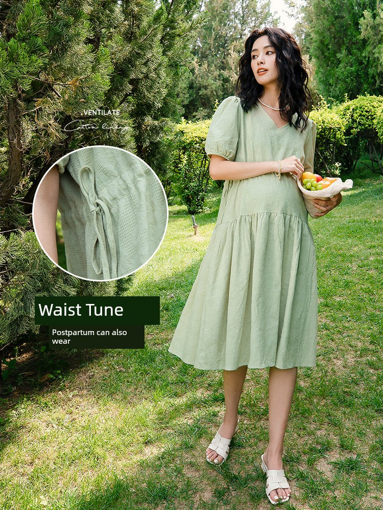 Pure Cotton French Spring/Summer Maternity Dress: Loose, Long, & Short Sleeve