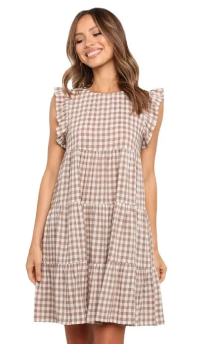 Plaid Ruffle Summer Maternity Dress With Butterfly Sleeve