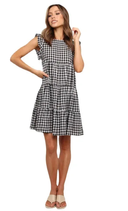 Plaid Ruffle Summer Maternity Dress With Butterfly Sleeve
